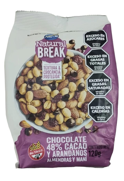 Natural Break Chocolate 48% Cocoa Chips, Blueberries, Almonds & Peanuts by Arcor - Gluten Free, 120 g / 4.23 oz (pack of 3)