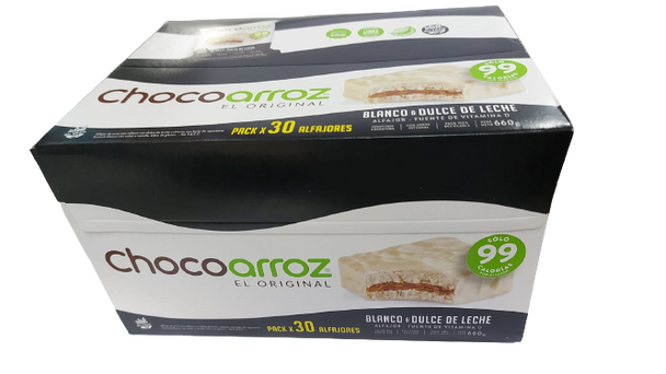 Chocoarroz Wholegrain Rice White Chocolate Alfajor with Dulce de Leche Gluten Free - Very Low Calories  (box of 30)