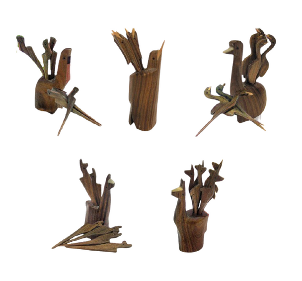 Pinche Para Picada Wichi Hand-Carved Wood Food Picks - Unique Designs (6 pcs)
