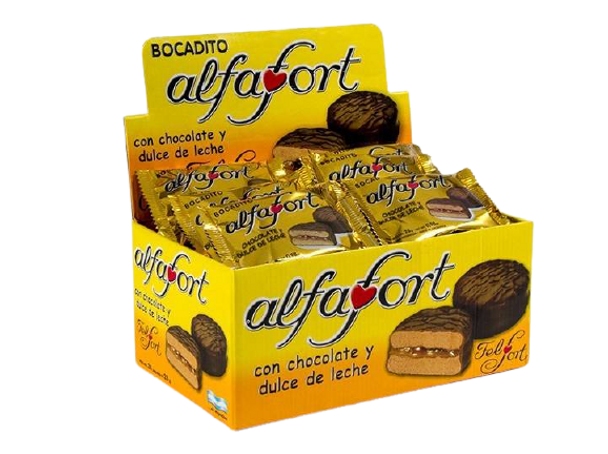 Bocadito Alfafort con Chocolate y Dulce de Leche Milk Chocolate Alfajorcitos Mini Cakes with Dulce de Leche Filling, 28 g / 0.98 oz (box of 24 units)