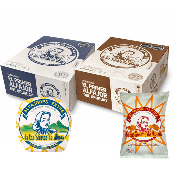 Sierras De Minas Alfajor de Chocolate y Merengue Alfajores mixtos de chocolate con leche y merengue italiano rellenos de dulce de leche - Alfajores de Uruguay, 60 g / 2.12 oz, 12 alfajores por caja (paquete de 2 cajas)