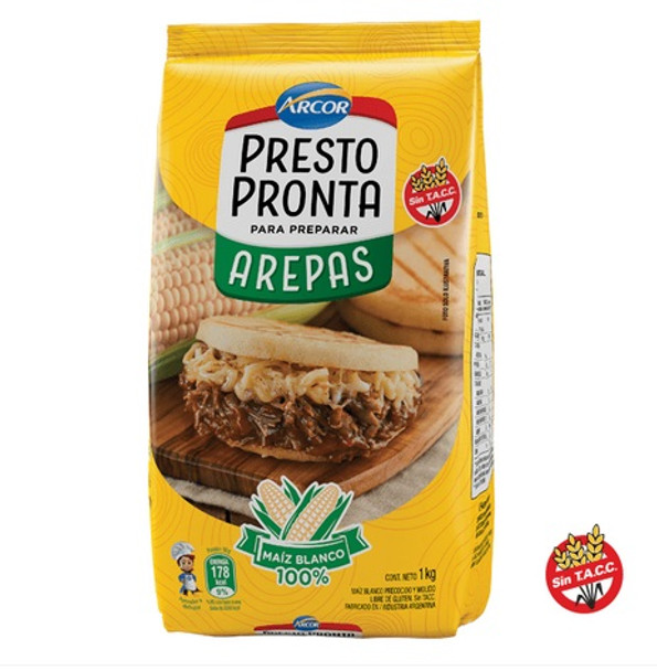 Presto Pronta Arepas Harina de Maíz Blanco Harina para Arepas 100% Maíz Blanco - Sin Gluten, bolsa de 1 kg / 2.2 lb