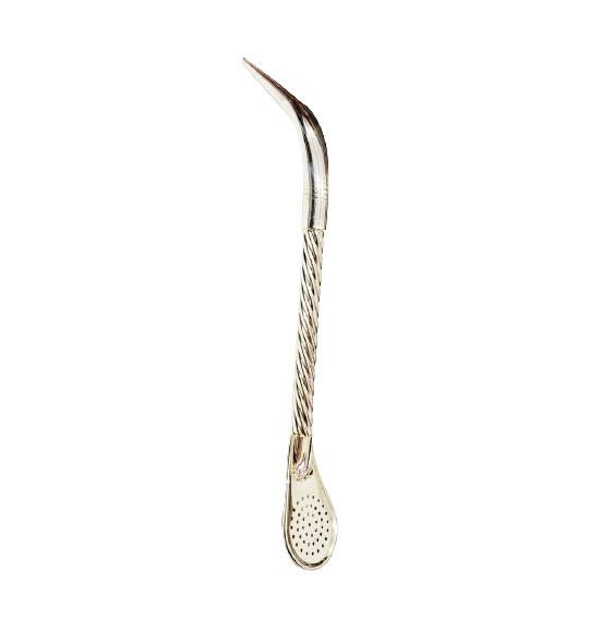 Pico de Loro Bombilla Cincelada Alpaca Stirrer with Braid Design, Angled Mouthpiece and Spooned Filter, 18 cm / 7"