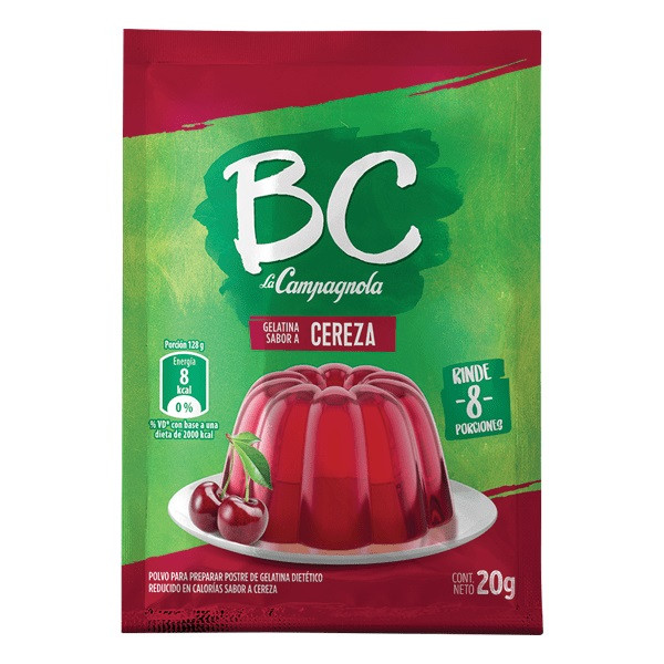 BC Gelatina Cereza Cherry Gelatin Dessert Powder Ready To Make Jelly, 20 g / 1 oz ea (box of 8 pouches)