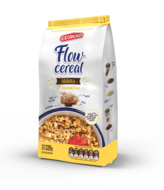 Flow Cereal Granola 5 Semillas Granola Cereal Flax, Sunflower, Chia, Black Sesame & White Sesame Seeds, 320 g / 11.28 oz bag