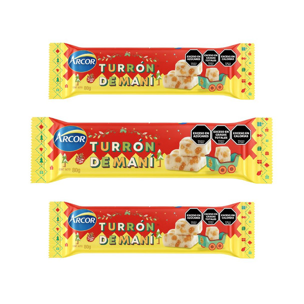 Arcor Turrón de Maní Peanut Torrone Classic Christmas Nougat, 120 g / 4.23 oz (pack of 3 bars)