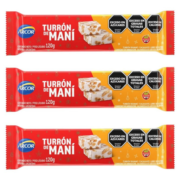 Arcor Turrón de Maní Peanut Torrone Classic Christmas Nougat, 120 g / 4.23 oz (pack of 3 bars)