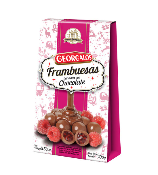 Georgalos Frambuesas Bañadas Con Chocolate Raspberries with Milk Chocolate Coating, 100 g / 3.53 oz