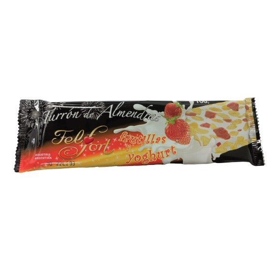 Felfort Turrón Frutillas y Yoghurt Almond Nougat Torrone with Strawberries & Yoghurt, 100 g / 3.52 oz bar