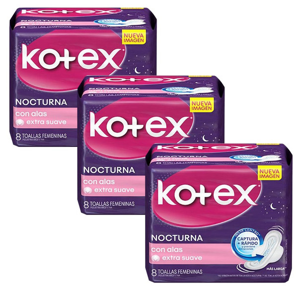 Kotex Toallitas Nocturnas Extra Soft Feminine Pads with Wings Long Overnight Pads, 8 count (pack of 3)