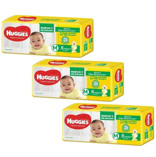 Huggies Pañales Medianos Baby Diapers Medium Size Disposable Baby Diapers Triple Protection 12 lb to 21 lb, 3 packs of 8 (24 count)