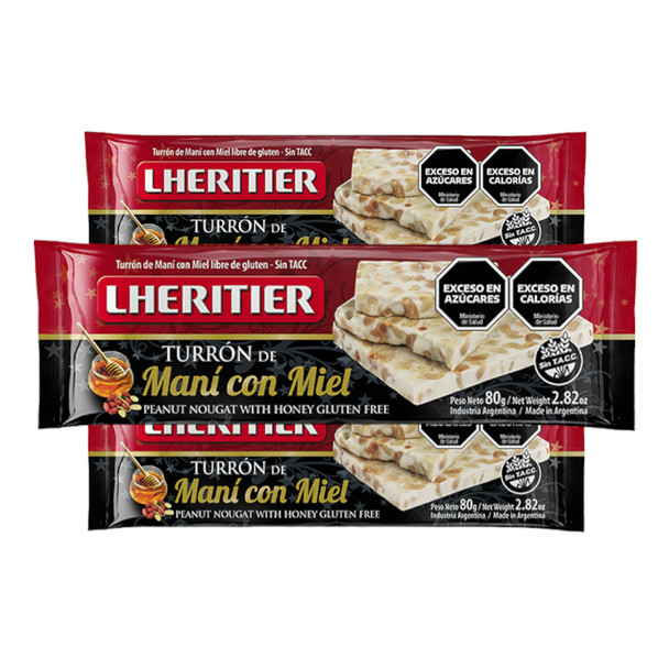 Lheritier Turrón De Maní Con Miel Peanut Nougat with Honey Christmas Torrone - Gluten Free, 80 g / 2.8 oz bar (pack of 3)