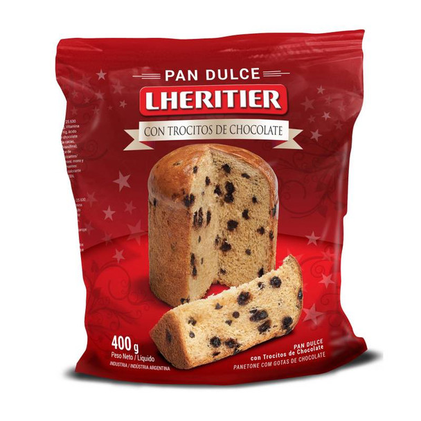 Lheritier Pan Dulce Con Trocitos de Chocolate Sweet Panettone with Chocoalte Chips, 400 g / 14.1 oz