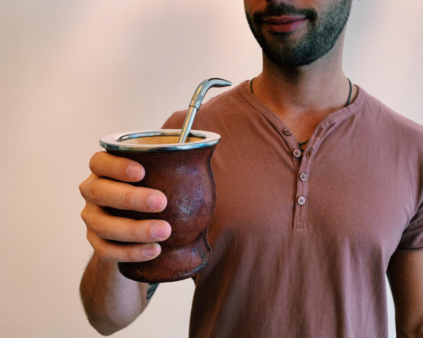Large Copita Premium Leather Mate Gourd Carved Calabaza, Flat Base and Stainless Steel Ring, 10 cm / 3.9" dia x 13 cm / 5.1" H