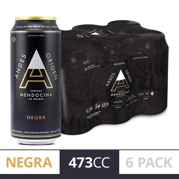 Andes Cerveza Negra Receta Mendocina De Origen Dark Schwarzbier Beer German Pilsner with Barley Malt & Hops - ABV 5.3 %, 473 ml / 15.9 fl oz (pack of six cans)