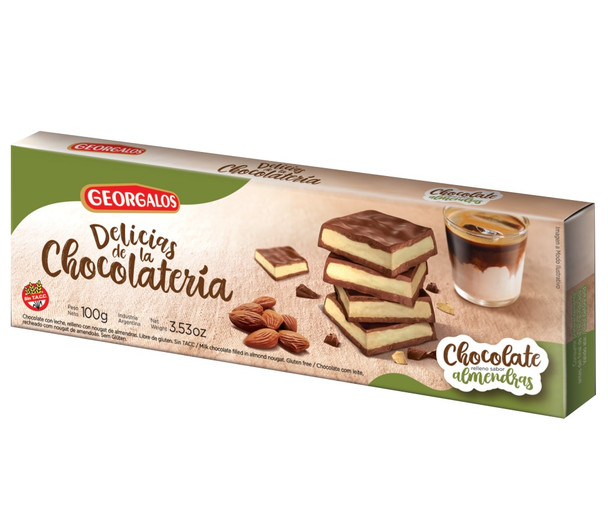 Georgalos Delicias Almendras Chocolate Relleno Milk Chocolate Bar with Almond Cream Interior, 100 g / 3.53 oz