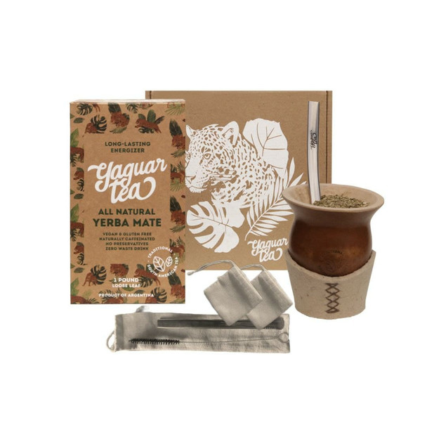 Traditional Yerba Mate Starter Kit with Yerba Mate, Mate Gourd, Stainless Steel "Bombilla" Straw, Cleaning Brush For Your Bombilla & Tea Filter Bags by Yaguar Tea