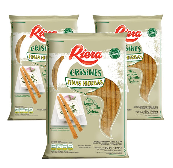 Riera Grisines Finas Hierbas Salty Sticks Snacks Breadsticks with Rosemary, Thyme & Sage Herbs "Grisines", 160 g / 5.04 oz ea (pack of 3)