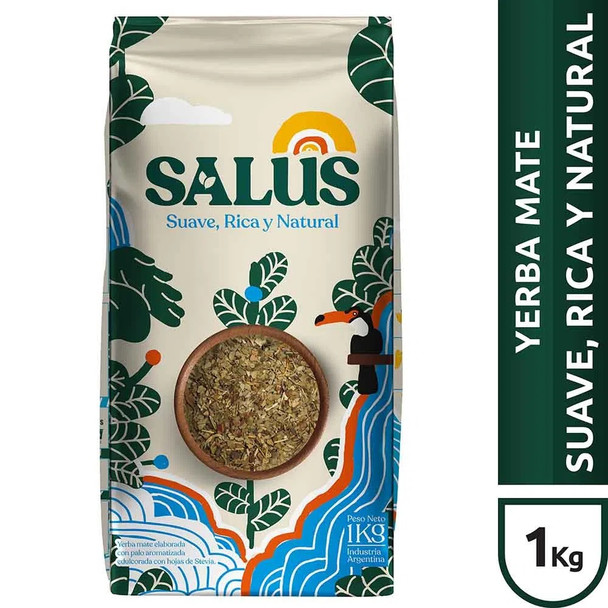 Salus Yerba Mate Suave, Rica y Natural Yerba Mate Clásica con Hojas de Stevia, 1 kg / 2.2 lb