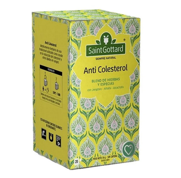 Saint Gottard Anti Cholesterol Premium Tea Té Blend De Hierbas y Especias Ginger, Alfalfa & Artichoke Tea Bags (box of 20 bags)