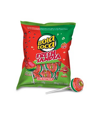 Lheritier Chupetines Bola Loca Fresh Sandia Hard Lollipops Watermelon Flavor Filled with Bubble Gum 384 g / 13.5 oz (24 units)