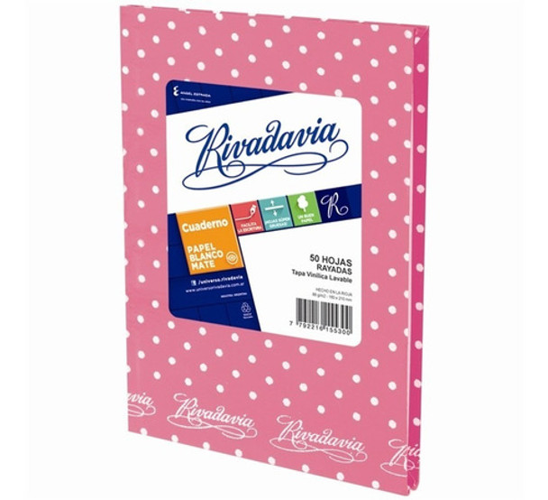 Rivadavia Cuaderno Tapa Dura Forrado Lunares Rayado Rosa Striped Pink With Polka Dots Hard Cover Notebook with 50 Matte White Sheets, 190 mm x 235 mm / 7.48 " x 9.25"