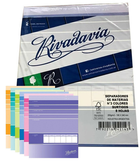 Rivadavia Separadores de Materias Nro. 3, Assorted Colors Subject Dividers, 8 Sheets - 190 mm x 240 mm / 7.48 " x 9.44 "