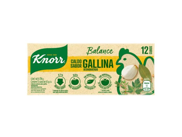 Knorr Balance Caldo Sabor Gallina Dehydrated Chicken Soup Broth - Reduced Sodium, 114 g / 4.02 oz (12 caldos per box)