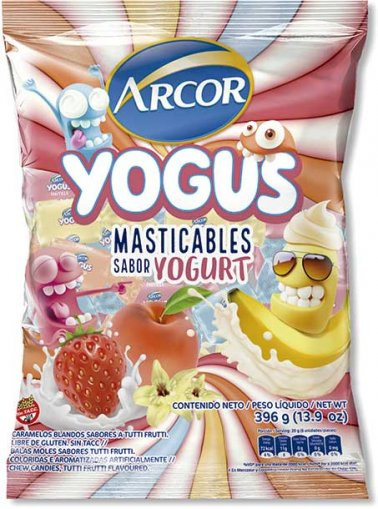 Arcor Yogus Soft Candies Assorted Yoghurt Flavors Vanilla, Strawberry, Peach & Banana, Gluten Free, 396 g / 13.96 oz (120 units)