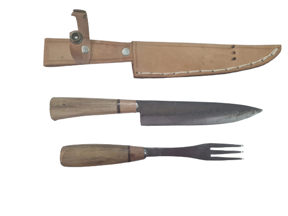 Knife and Fork Set, Wood Handle and Leather Sheath, to Accompany on a Plate or in Medium Cuts, 17" blade