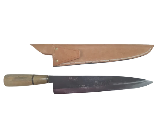 Large Slicing Knife with Wood Handle and Leather Sheath Kitchen Steak Knife / 13" Blade