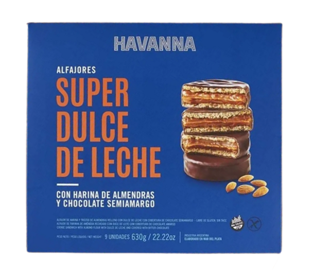 Havanna Alfajor Super Dulce De Leche Chocolate Semiamargo with Dulce de Leche & Almond Flour, 9 alfajores per case (pack of 6 cases)