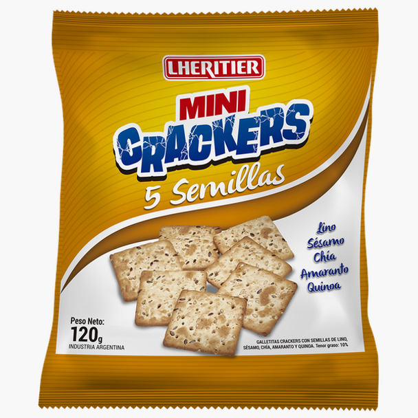 Lheritier Mini Crackers Galletitas 5 Semillas Crackers With Sesame, Flax, Amaranth, Chia & Quinoa Seeds, 120 g / 4.23 oz (pack of 3)