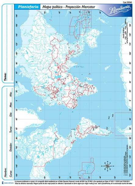 Rivadavia Mapa Político N°3 Planisferio, Planisphere Political Map, Special for Students, 190mm x 235mm /7.48"x 9.25" (pack of 3)