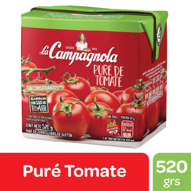 La Campagnola Puré de Tomate Tomato Puree Sauce No Preservatives Gluten Free, 520 g / 1.15 lb