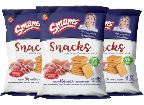 Smams Snacks Sabor Jamón, Ham Flavored Snack Cookies Gluten Free & Kosher, 80 g / 2.82 oz (pack of 3)