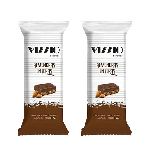 Vizzio by Bonafide Tableta Chocolate con Almendras Almonds with Milk Chocolate Coating Bar, 100 g / 3.52 oz (pack of 2)