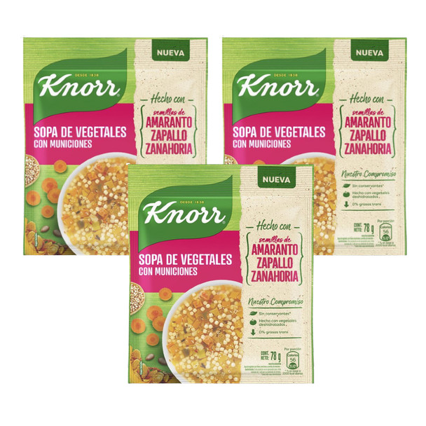 Knorr Sopa Casera de Vegetales con  Municiones Powder Soup Mini Noodles & Vegetables Flavor with Amaranth, Pumpkin & Carrot, 5 servings per pouch, 78 g / 2.75 oz (pack of 3)