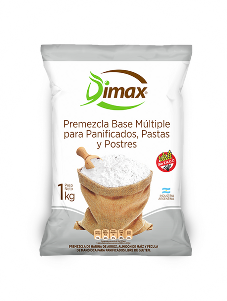 Dimax Premezcla Base Múltiple para Panificados, Pastas y Postres, Rice Flour, Corn Starch and Cassava Starch for Baked Goods, Gluten Free, 1 kg / 2.2 lb bag