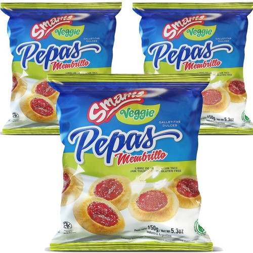 Smams Veggies Pepas de Membrillo Vegan Quince Jelly Cookies Gluten Free & Kosher Cookies, 150 g / 5.3 oz (pack of 3)
