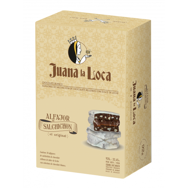 Juana La Loca Alfajores Salchichón White Chocolate Blancos with Dulce de Leche Filling, 92 g / 3.24 oz (box of 10 alfajores)