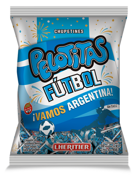 Lheritier Pelotitas Fútbol Chupetines Selección Argentina Sabor Frutal Hard Lollipops AFA Soccer Team Chupetines Caramelos Duros, 450 g / 15.87 oz (50 units)