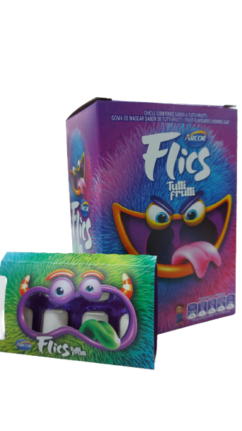 Halloween Flics Chicles Confitados Blister Tutti-Frutti Candied Chewing Gum Cubes, 151.2 g / 5.33 oz (box of 12 x 8-piece stick)