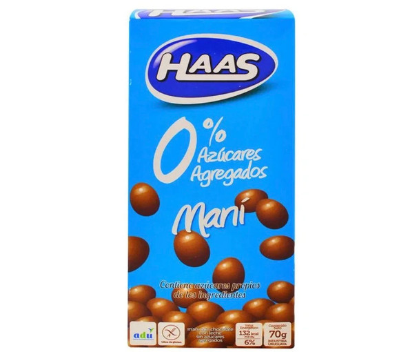 HAAS Maní con Chocolate 0 % Azúcares Agregados Peanuts with Chocolate 0% Added Sugars, 70 g / 2.46 oz