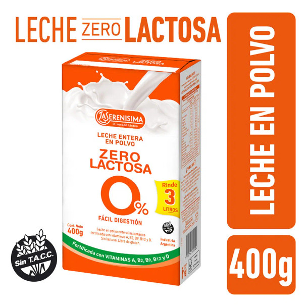Leche Entera En Polvo Zero Lactosa La Serenísima Powdered Zero Lactose Milk, Gluten Free 400 g / 14.1 oz for 3 lts