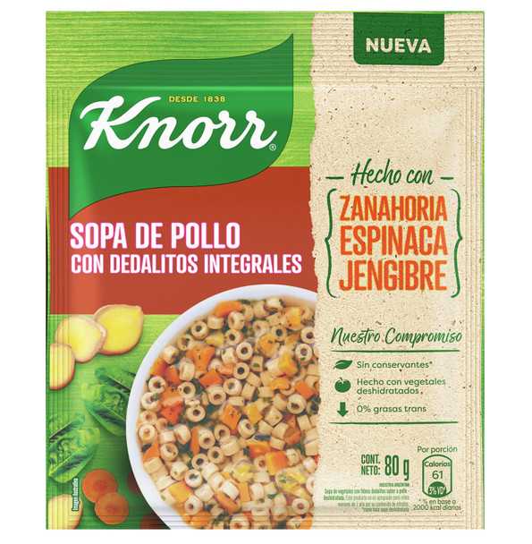 Knorr Sopa Familiar Pollo con Dedalitos Integrales Powder Soup Mini Whole Wheat Noodles & Chicken Flavor, 4 servings per pouch (Uruguay), 80 g / 2.82 oz ea (pack of 3)