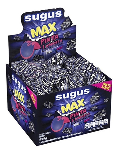 Sugus Max Pinta Lengua Soft Candy Blocks Rebel Blue Berry Flavored Gluten Free, 525 g / 1.15 lb Box