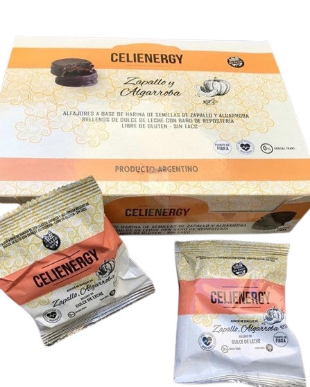 Celienergy Alfajores Artesanales Zapallo y Algarroba Gluten-Free Alfajores Pumpkin & Carob Seeds Filled with Dulce de leche and Pastry Bath, 600 g / 21.16 oz (box of 12)