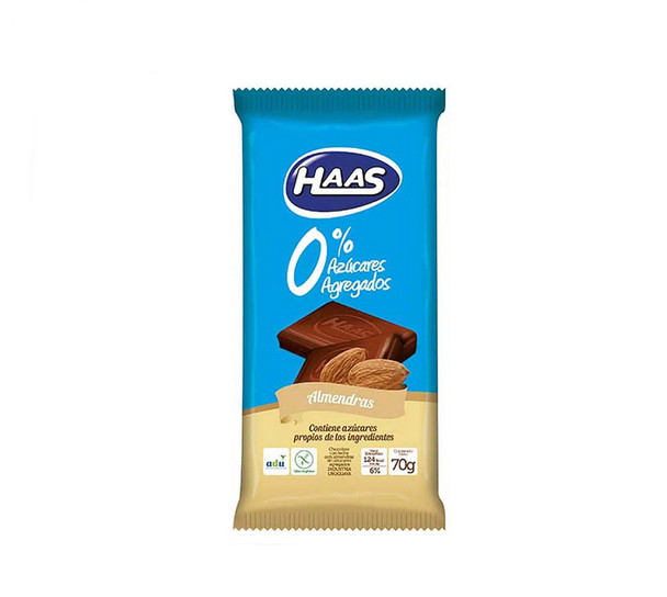 HAAS Chocolate con Leche con Almendras 0% Azúcares Agregados Milk Chocolate with Almonds 0% Added Sugars, 70 g / 2.46 oz