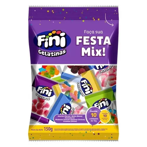 Fini Fiesta Mix Gelatinas Mix de Golosinas Fiesta Mix Jellies Mix of Goodies, 150 g / 5.29 oz (bag of 10 sachets of 15 g)